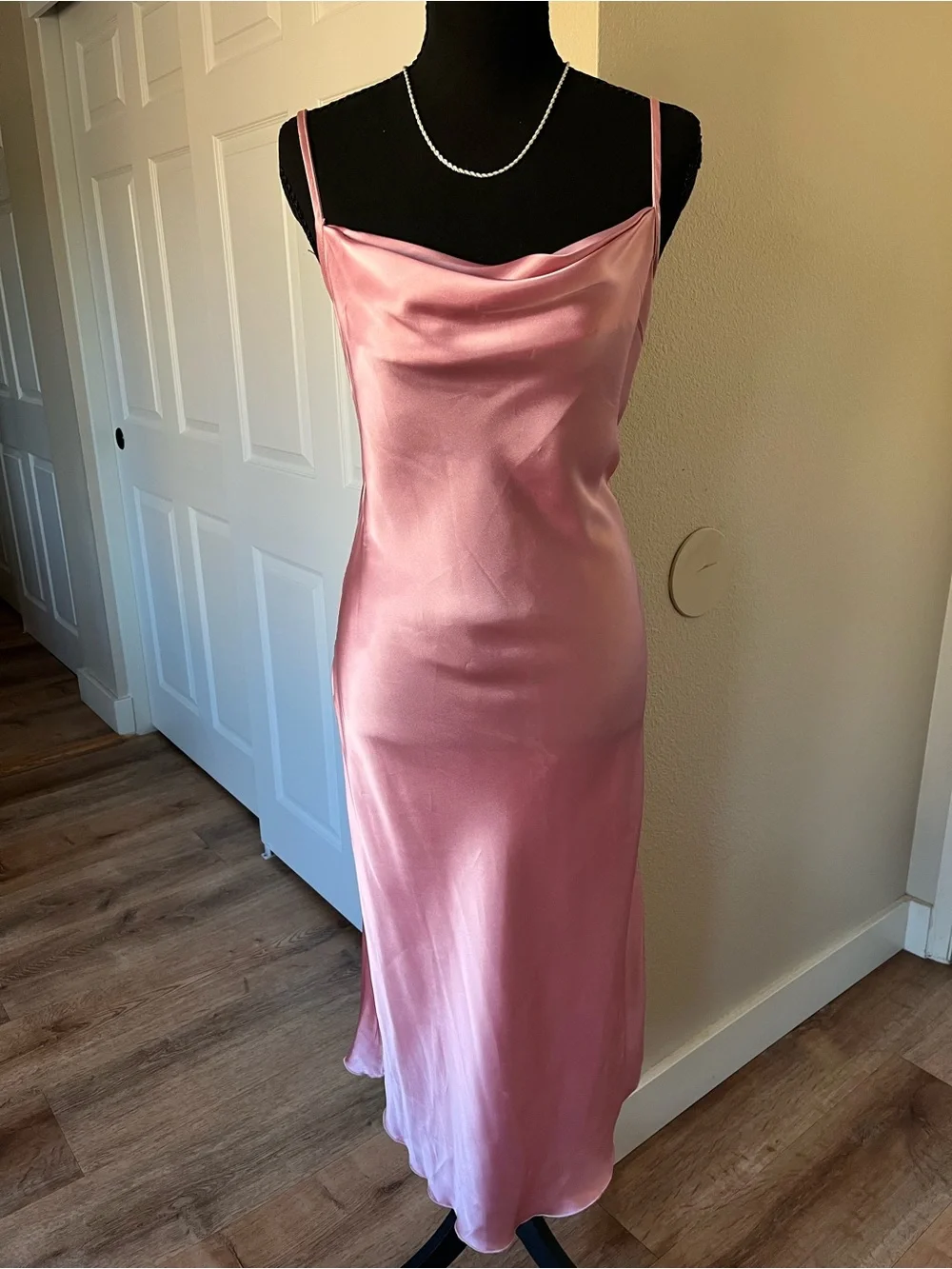 Bebe Pink Satin Cowl Neck Slip Midi Dress Small